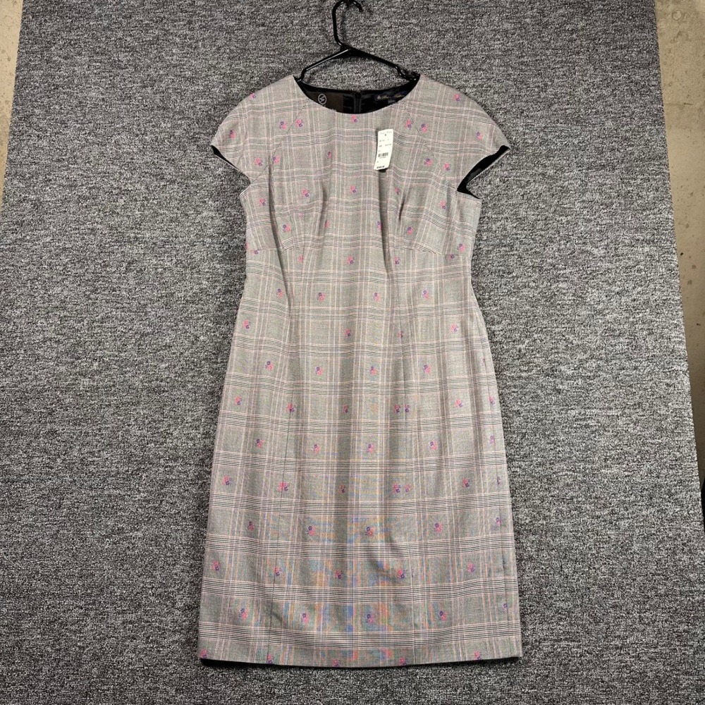 Brooks Brothers Grey Glen Plaid Floral Embroider Sheath Dress Italian Fabric 12